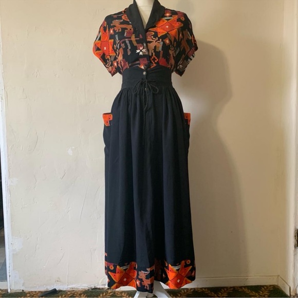 Vintage Dresses & Skirts - Vintage Silk Aztec Pattern Black & Orange blouse and skirt set